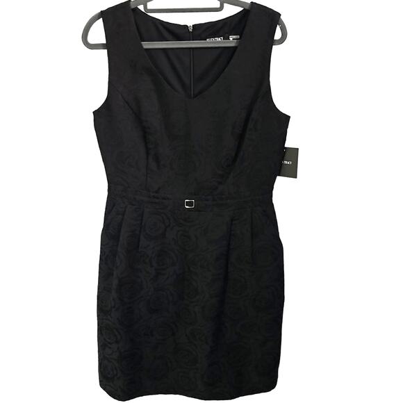 Ellen Tracy Women's Size 8  V-Neck Sleeveless Sheath Dress Black Rosette Floral - Picture 1 of 8